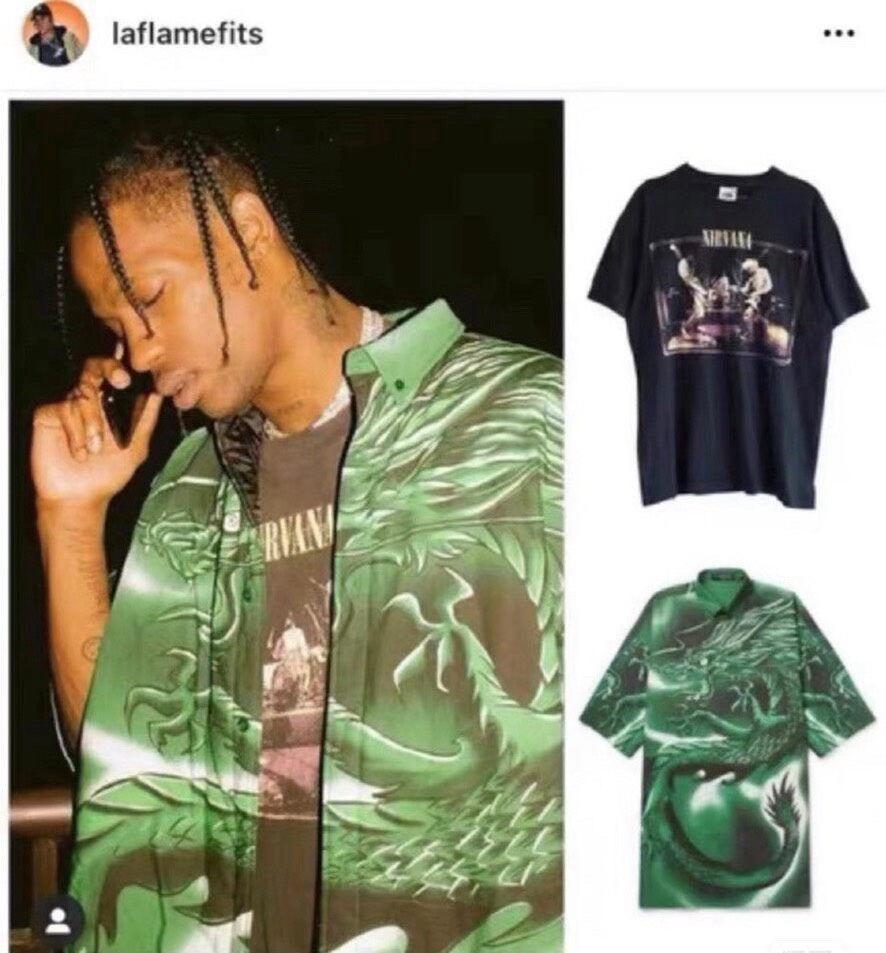 Balenciaga SS18 Green Dragon Motif Short-Sleeve Shirt