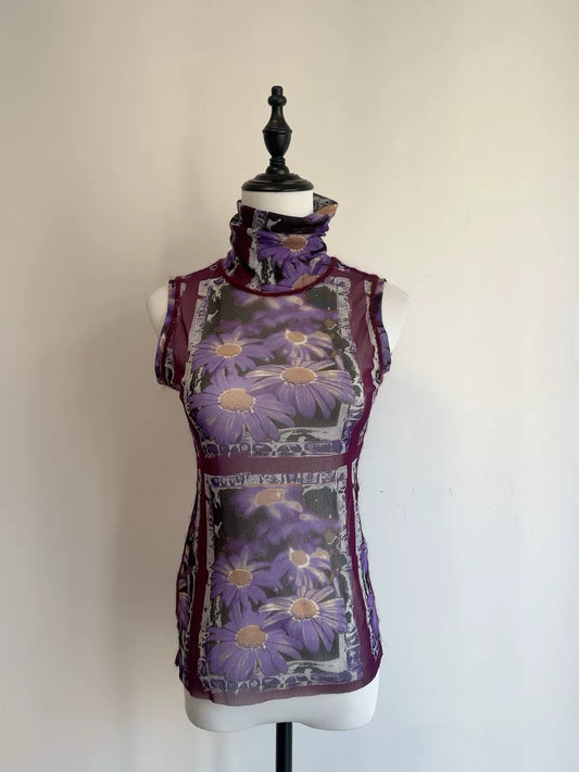 Vintage Jean Paul Gaultier FEMME Purple Daisy Mesh Sleeveless Top