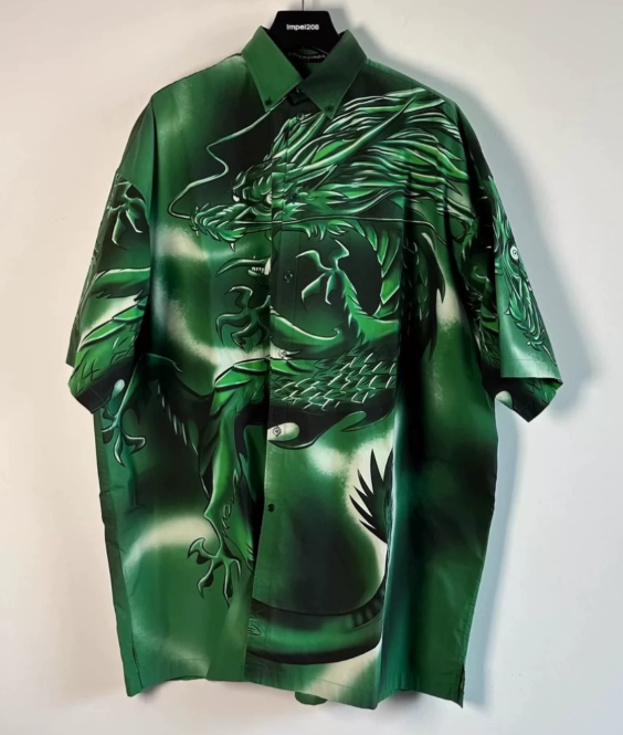 Balenciaga SS18 Green Dragon Motif Short-Sleeve Shirt