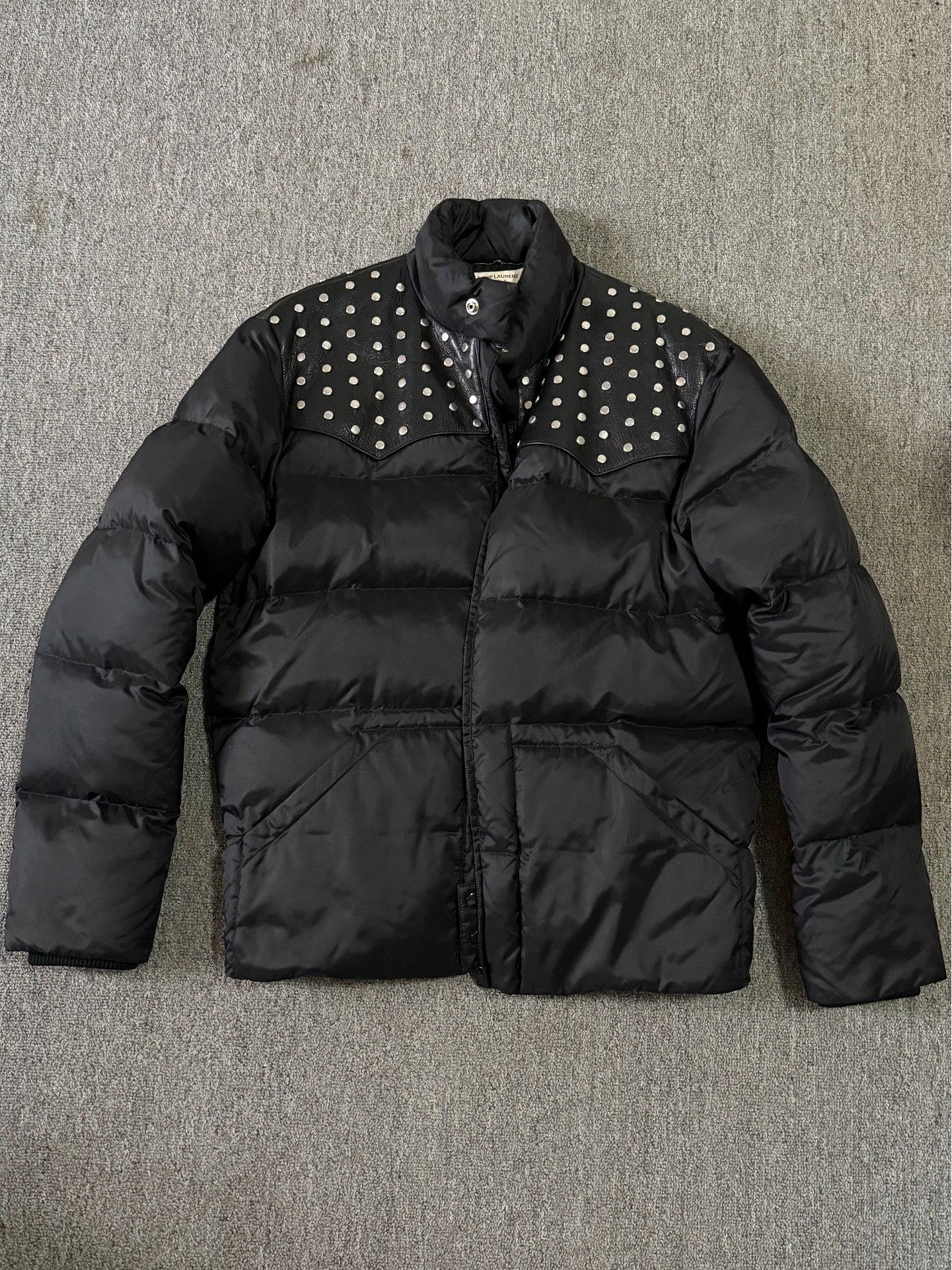 Saint Laurent FW14 Studded Leather-Yoke Puffer Jacket