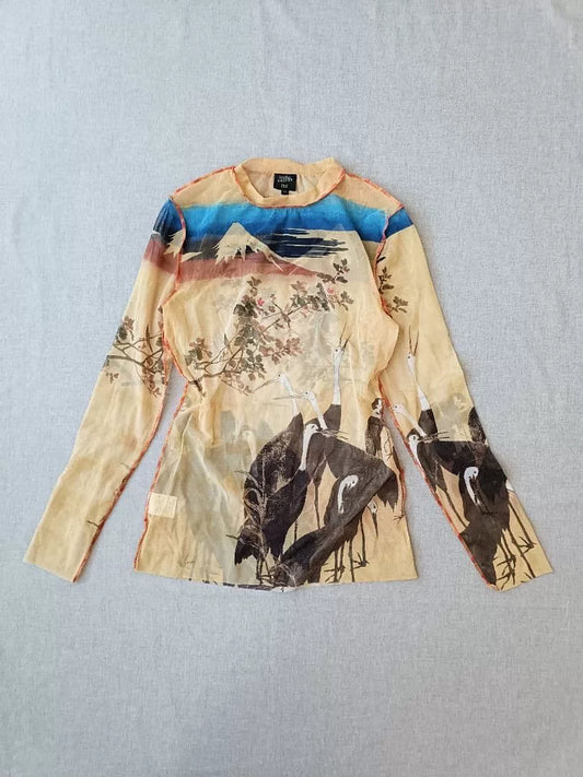 Vintage Jean Paul Gaultier FEMME Mount Fuji & Crane Mesh Top