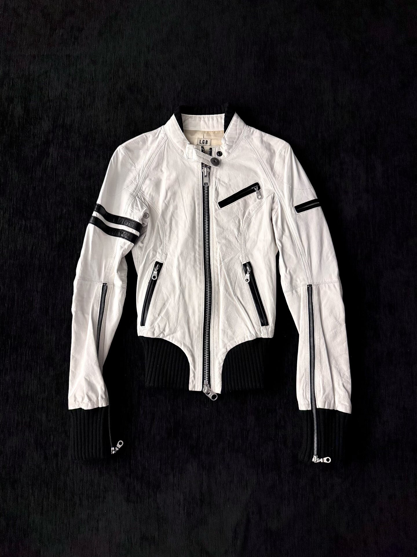 L.G.B. (Le Grand Bleu) White Leather Bat-Motif Moto Jacket