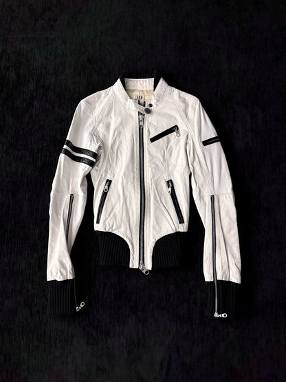 L.G.B. (Le Grand Bleu) White Leather Bat-Motif Moto Jacket