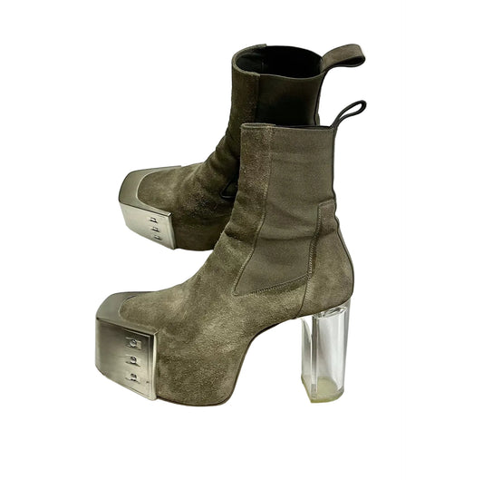 Rick Owens SS21 "Phlegethon" Brown Suede Metal-Toe Kiss Boots