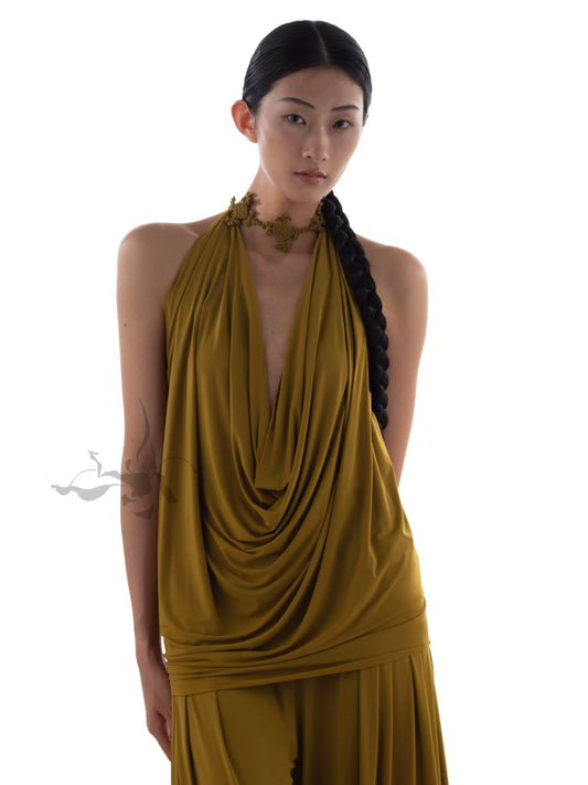 JIFF CONTOUR "Golden Jade" Multi-Way Draped Halter Top