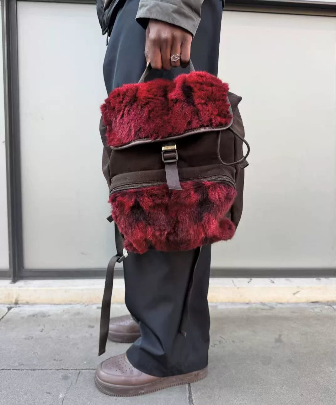 Prada Sport 00s Red Rabbit Fur & Leather Parachute Backpack