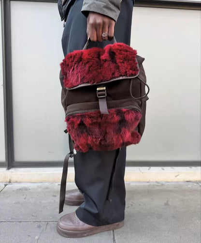 Prada Sport 00s Red Rabbit Fur & Leather Parachute Backpack