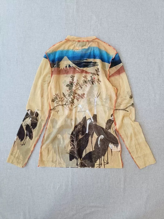 Vintage Jean Paul Gaultier FEMME Mount Fuji & Crane Mesh Top