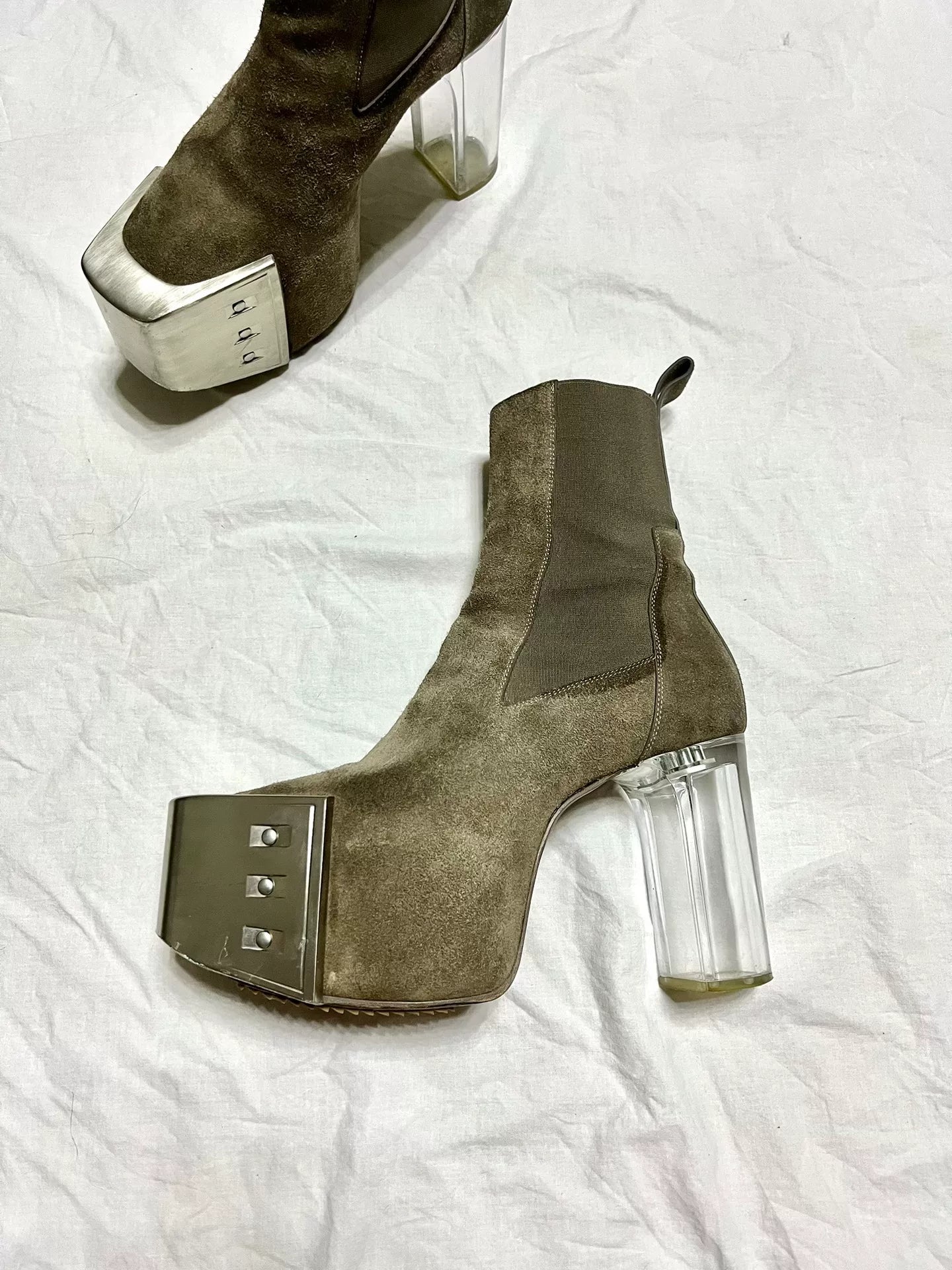 Rick Owens SS21 "Phlegethon" Brown Suede Metal-Toe Kiss Boots