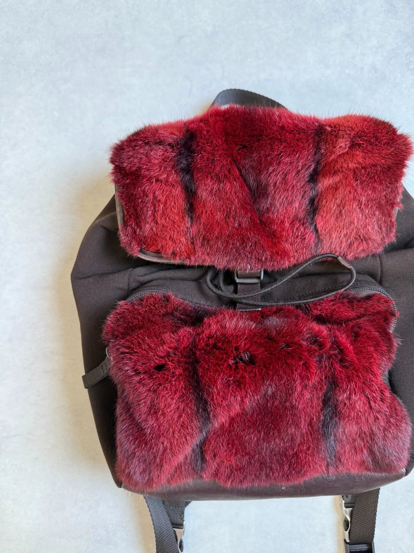 Prada Sport 00s Red Rabbit Fur & Leather Parachute Backpack