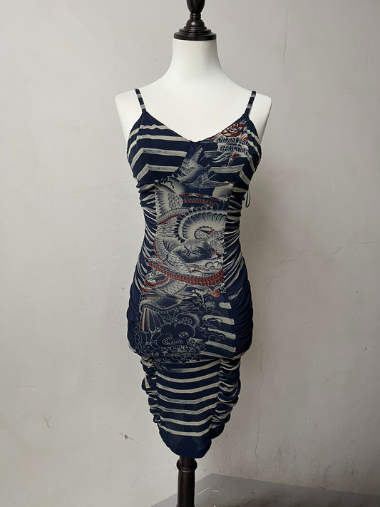 Vintage Jean Paul Gaultier Dragon & Tattoo Stripe Slip Dress
