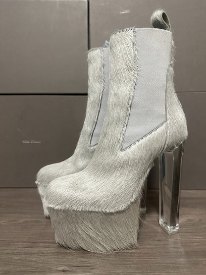 Rick Owens 22FW "STROBE" Grey Horsehair Kiss Boots
