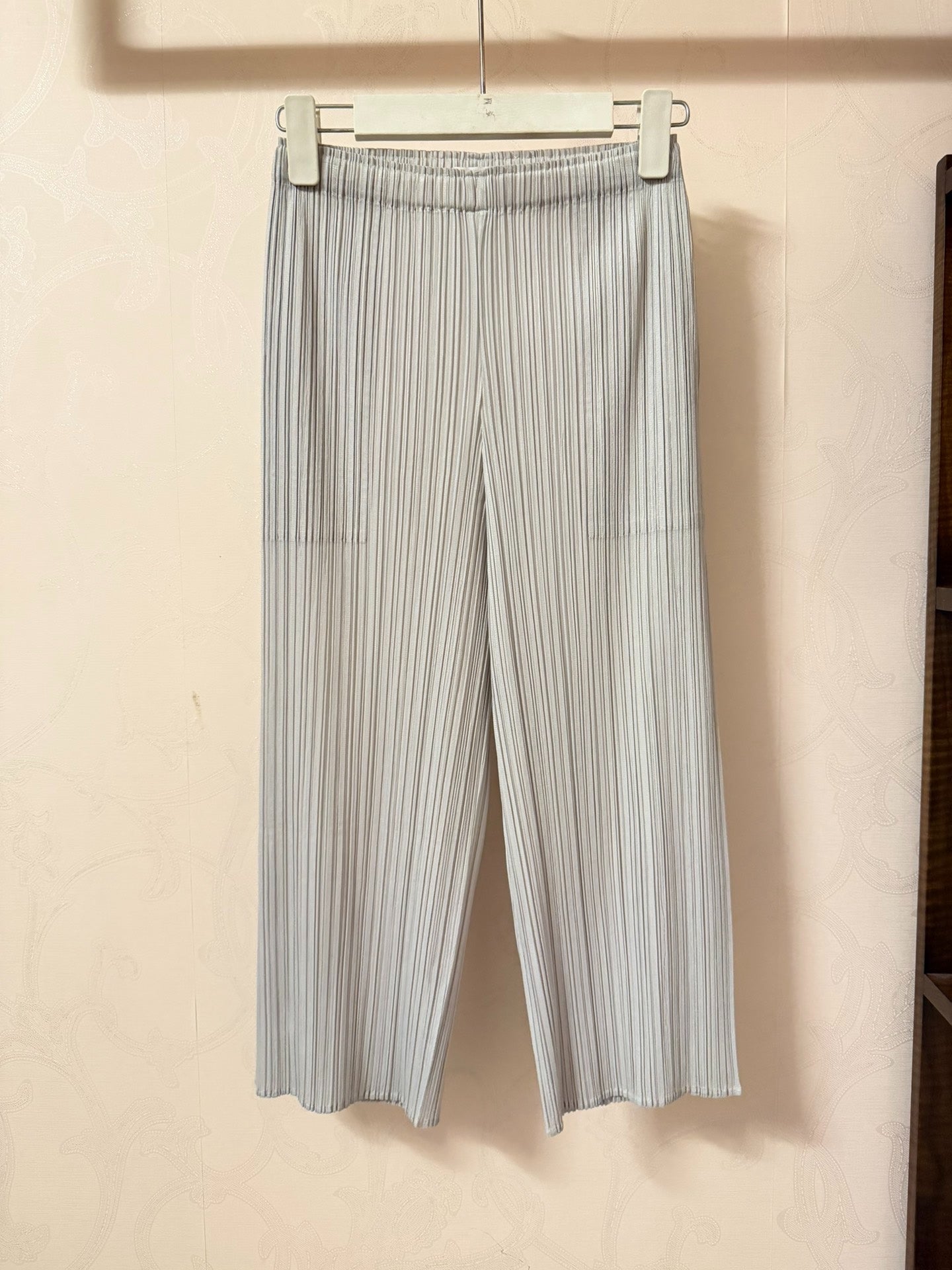 Pleats Please Issey Miyake Light Grey Pleated Wide-Leg Trousers