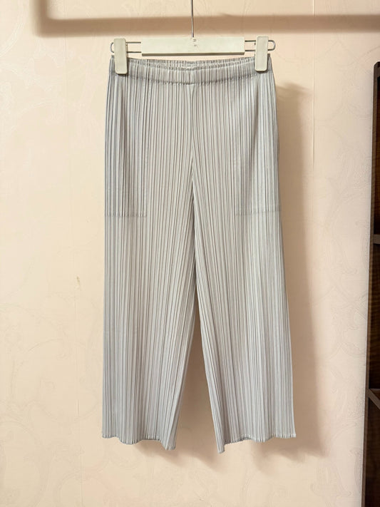 Pleats Please Issey Miyake Light Grey Pleated Wide-Leg Trousers