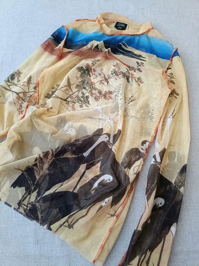 Vintage Jean Paul Gaultier FEMME Mount Fuji & Crane Mesh Top