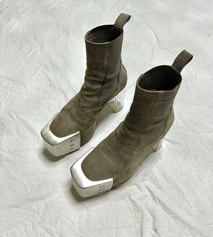 Rick Owens SS21 "Phlegethon" Brown Suede Metal-Toe Kiss Boots