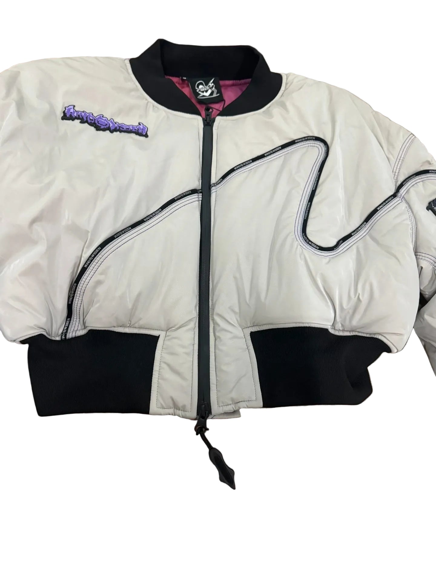 Windowsen Motif Cropped Ruched-Sleeve Bomber Jacket