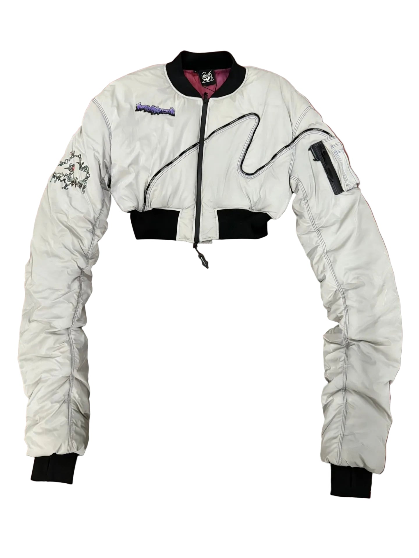 Windowsen Motif Cropped Ruched-Sleeve Bomber Jacket