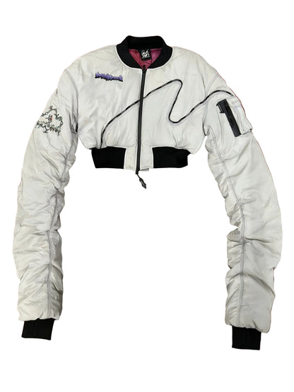 Windowsen Motif Cropped Ruched-Sleeve Bomber Jacket