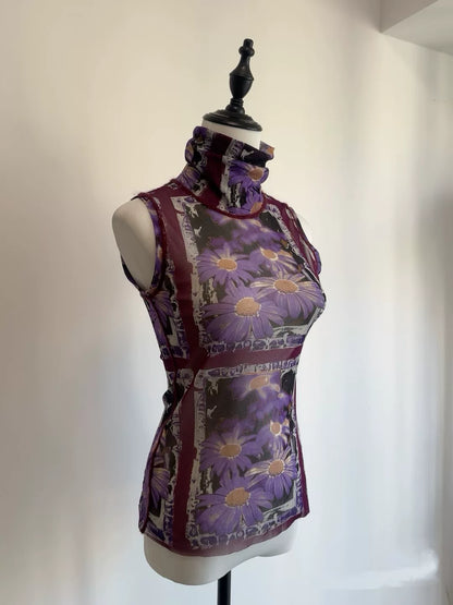 Vintage Jean Paul Gaultier FEMME Purple Daisy Mesh Sleeveless Top