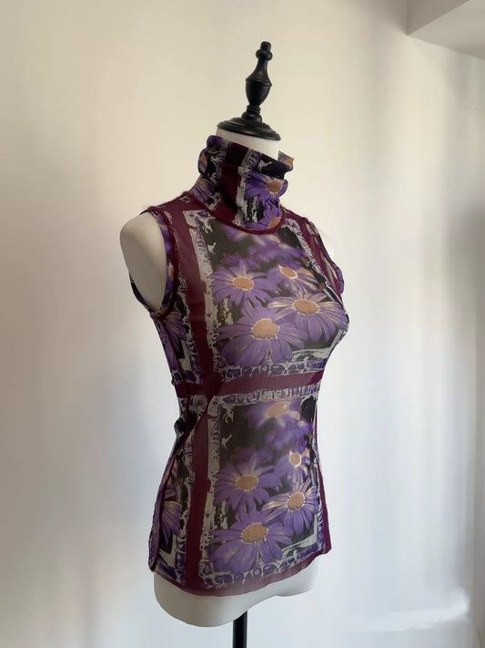 Vintage Jean Paul Gaultier FEMME Purple Daisy Mesh Sleeveless Top