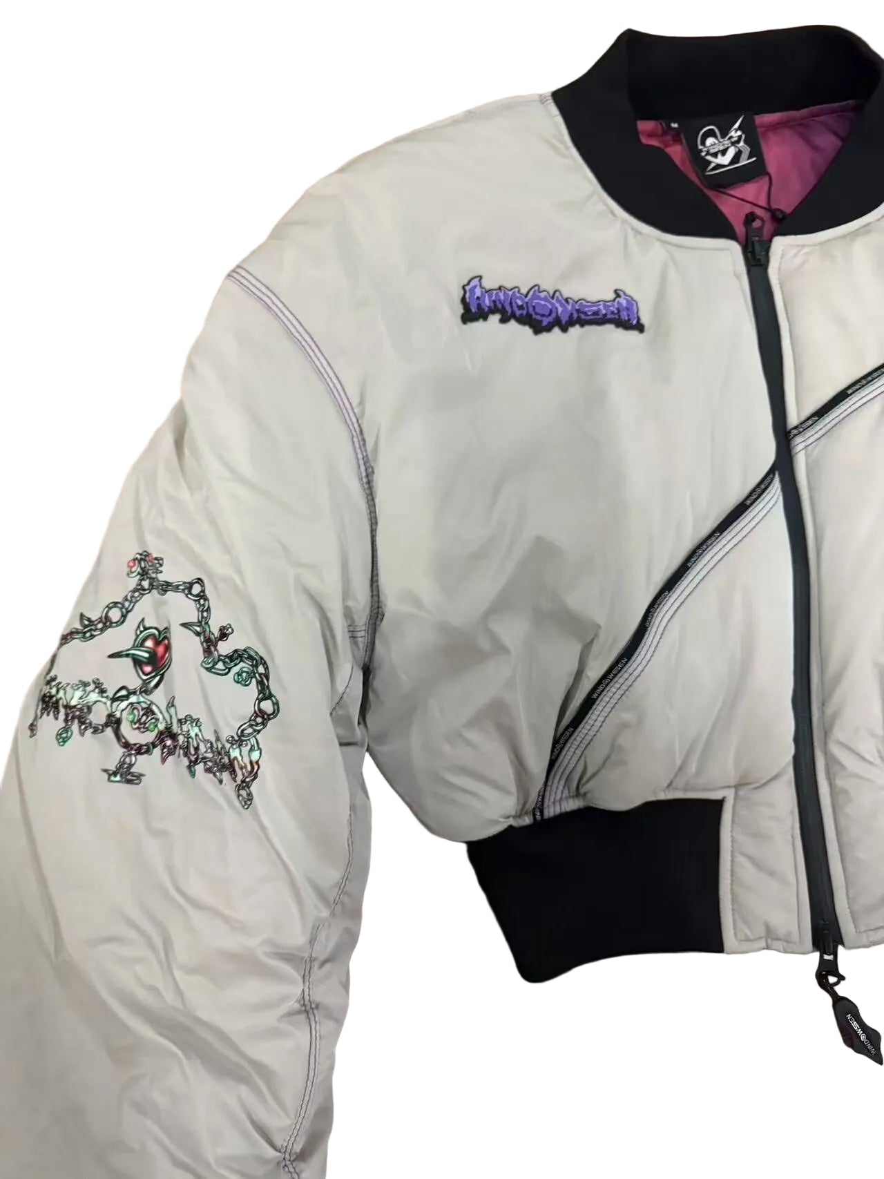 Windowsen Motif Cropped Ruched-Sleeve Bomber Jacket