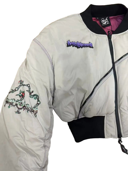 Windowsen Motif Cropped Ruched-Sleeve Bomber Jacket