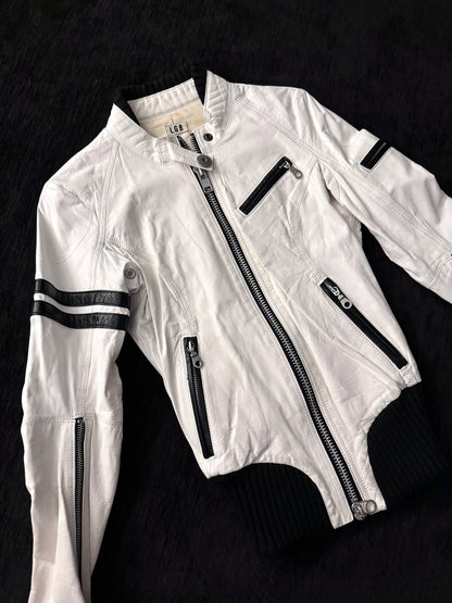 L.G.B. (Le Grand Bleu) White Leather Bat-Motif Moto Jacket