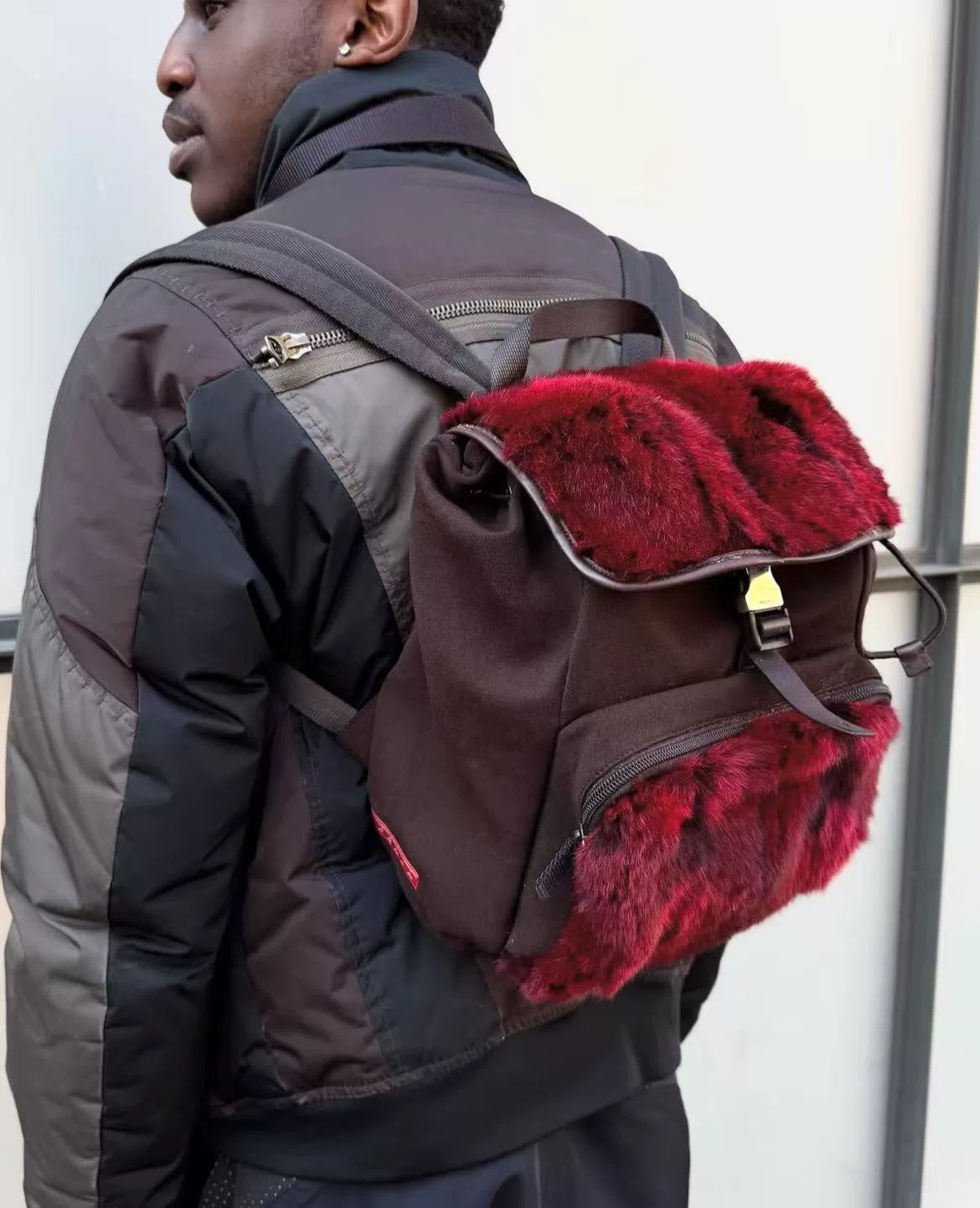 Prada Sport 00s Red Rabbit Fur & Leather Parachute Backpack