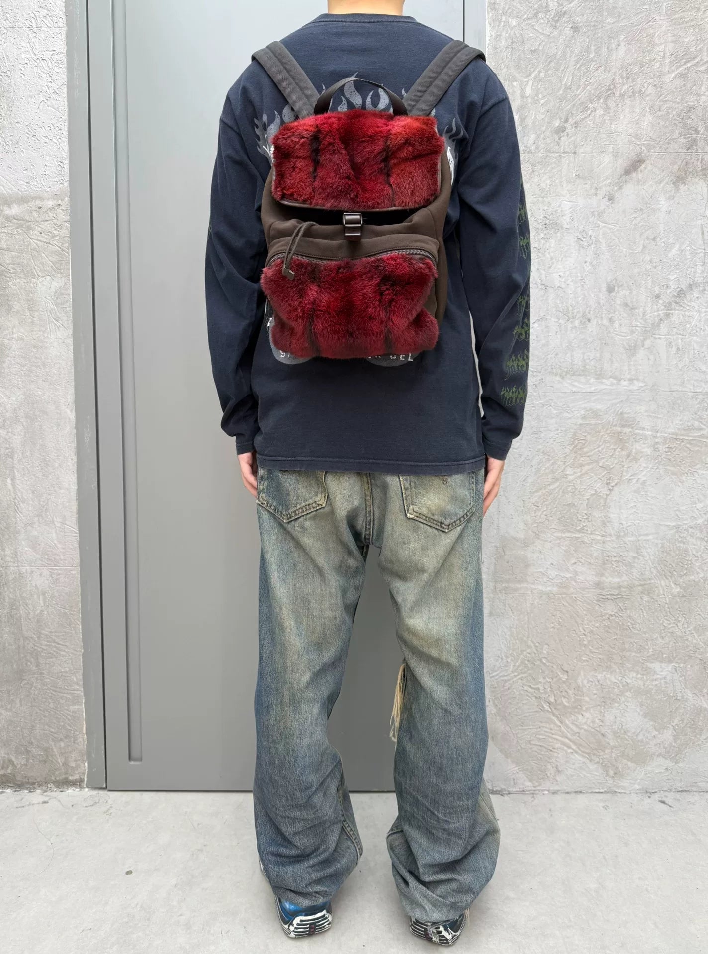 Prada Sport 00s Red Rabbit Fur & Leather Parachute Backpack