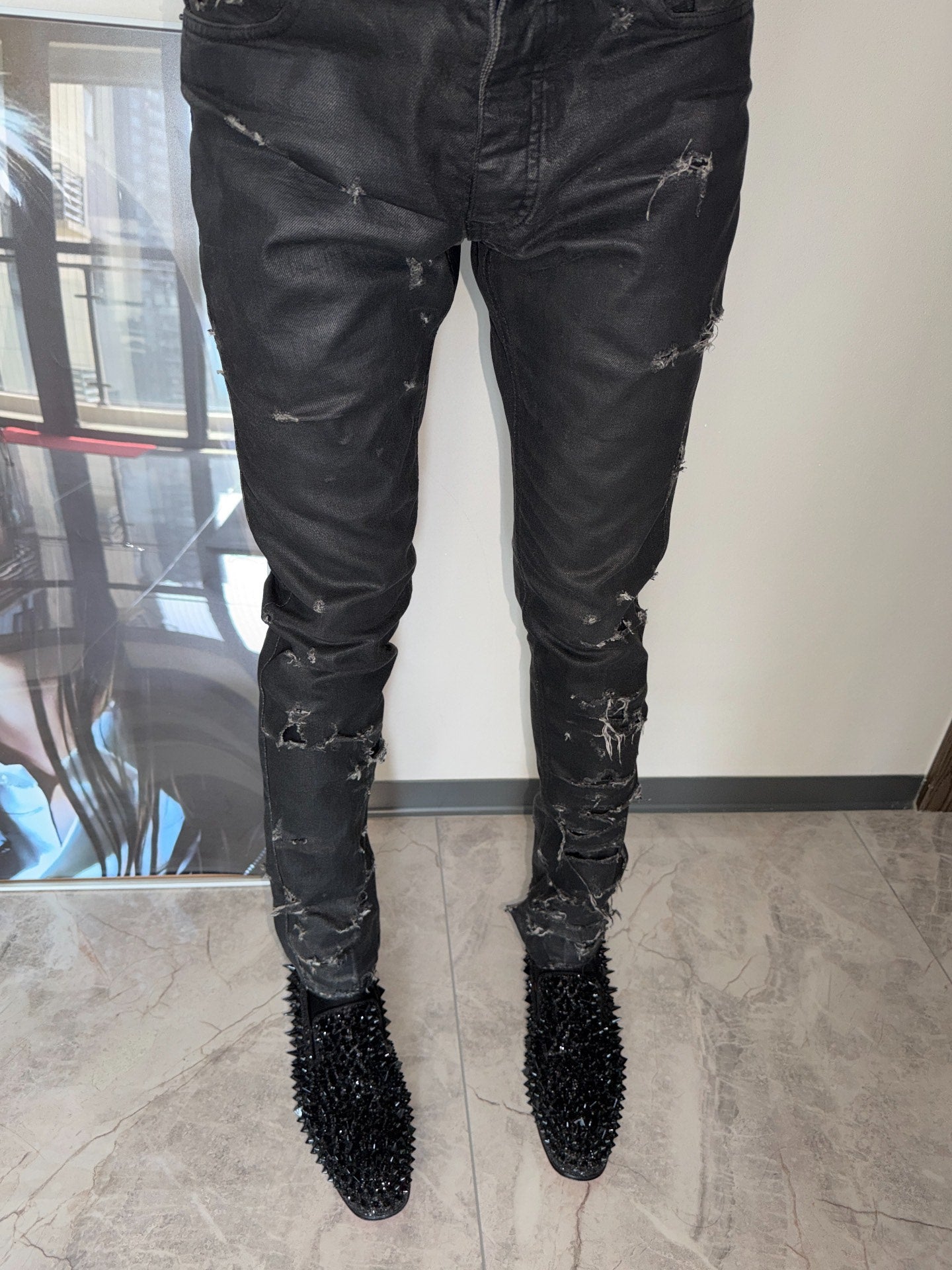 Dior Homme SS04 "Strip" Waxed Destroyed Denim Jeans